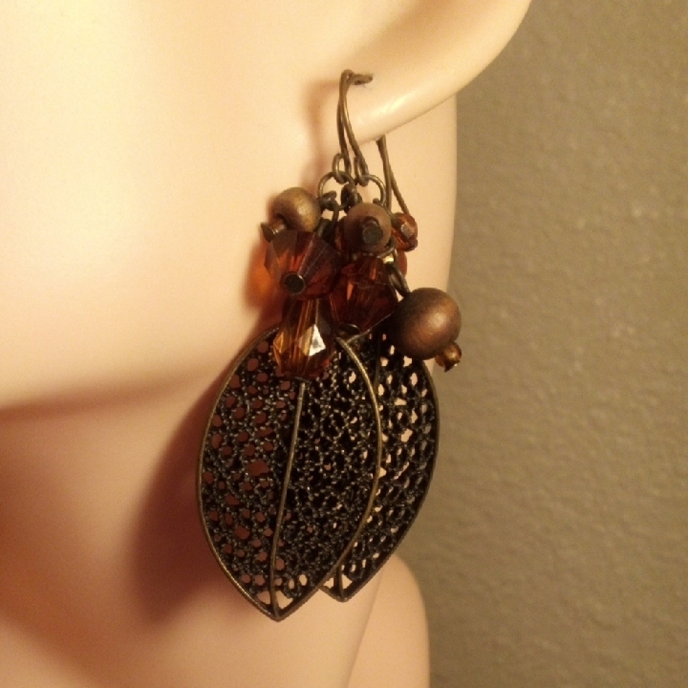 Antique Bronze Leaf Drop Earrings with Amber Beads - Women Jewelry
